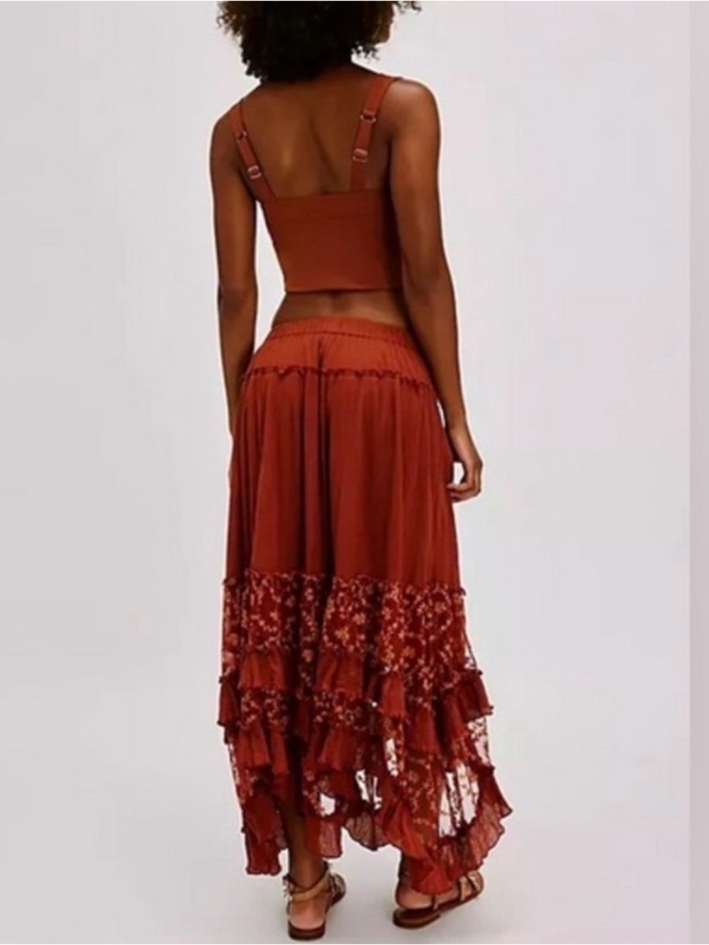 Free People Ashlyn Rust Asymmetrical Lace-Trim Maxi Skirt - Picture 2 of 12